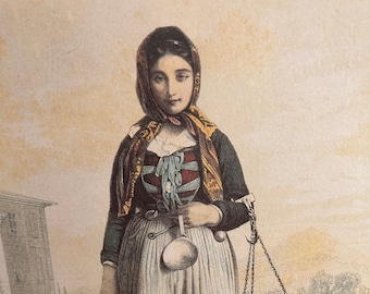 French, Hand-Colored Lithograph by A. de Lattre, Mid-1800s, "Costumes of Nice," "Madame of the Quail Milk of the Roia Valley"