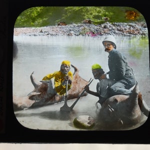 Antique Colored Magic Lantern Slide of Bullock Skin Boat in India by Walter Isaacs of New York