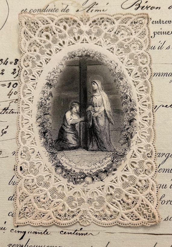 Antique French Canivet/Holy Card of the Virgin Mary at the Foot of the Cross, Circa Late 1800s