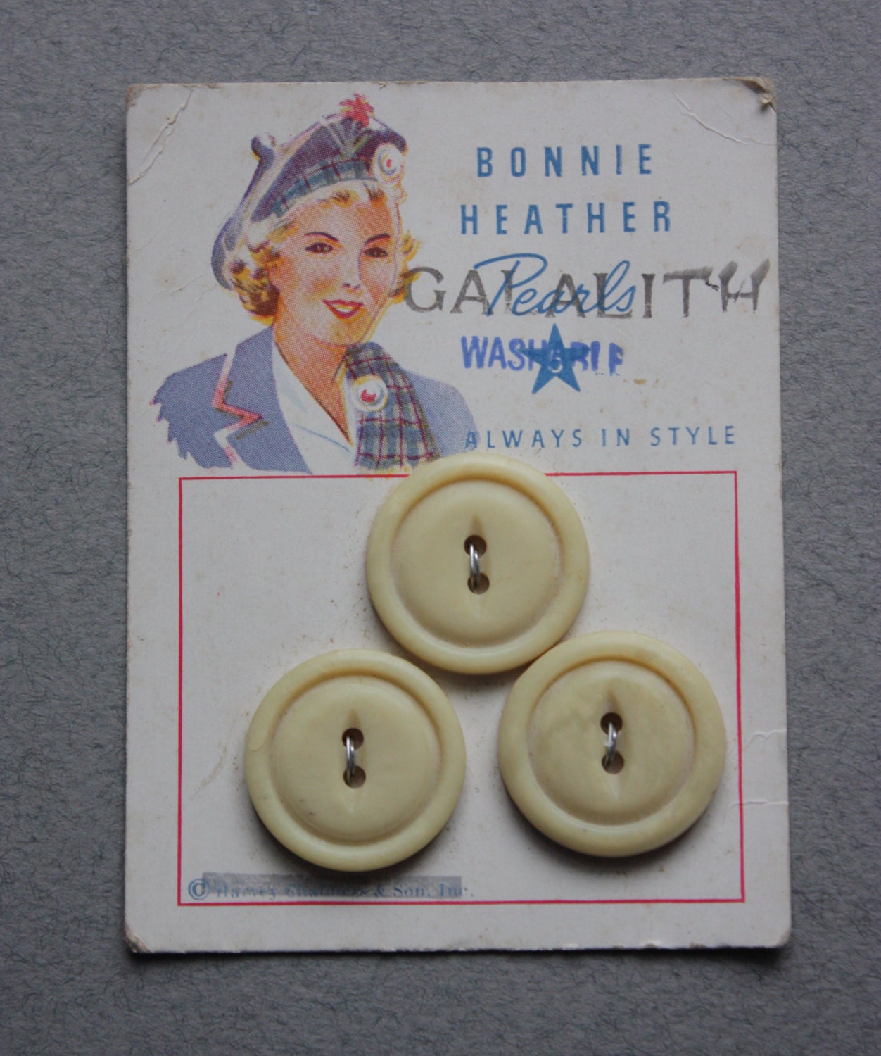 Bonnie Heather Galaith Pearls, 1940s Button Card by Harvey Chalmers