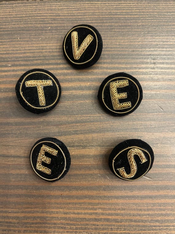 Velvet and Gold Bullion Letter Button with Celluloid Back