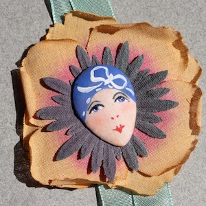 1928 French Flapper Ribbon with Hand-painted Flower and Face