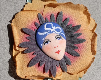 1928 French Flapper Ribbon with Hand-painted Flower and Face