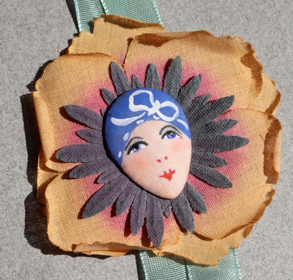 1928 French Flapper Ribbon with Hand-painted Flower and Face