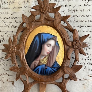 Hand-Painted Portrait of the Madonna in a Black Forest Wood Frame, Circa Late 1800s