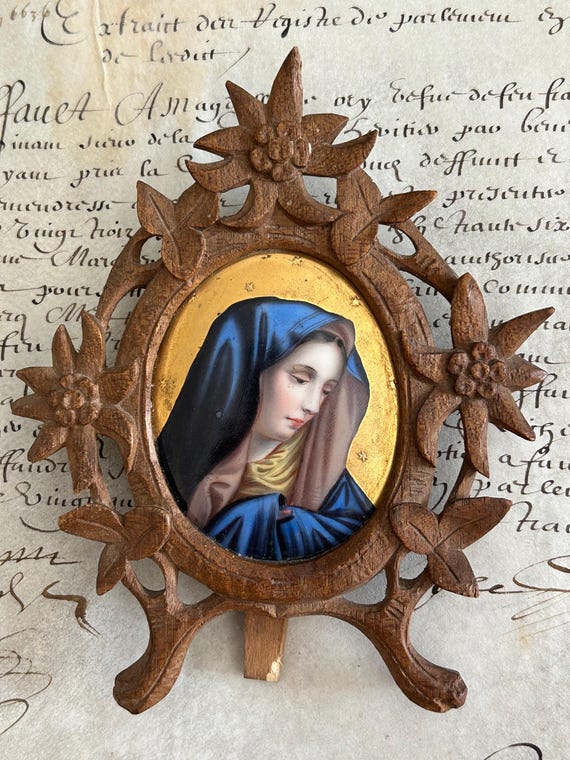 Hand-Painted Portrait of the Madonna in a Black Forest Wood Frame, Circa Late 1800s