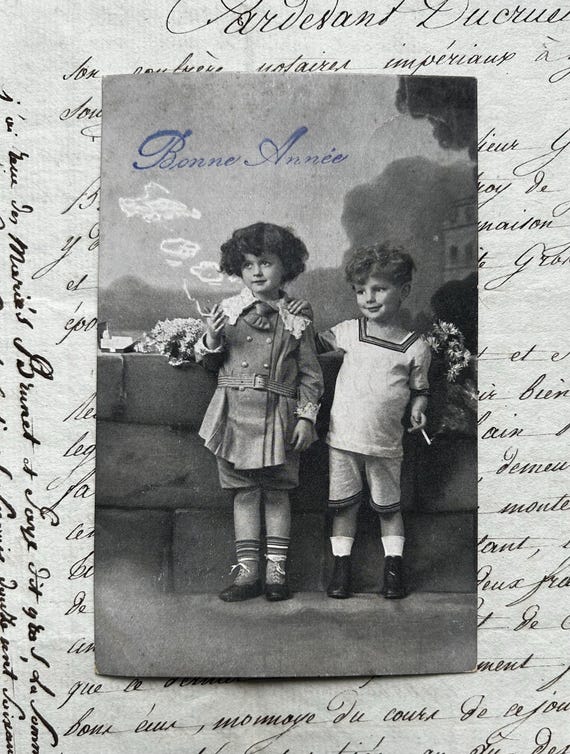 Antique French Postcard of Children Smoking Cigarettes, with Belgian Postmark