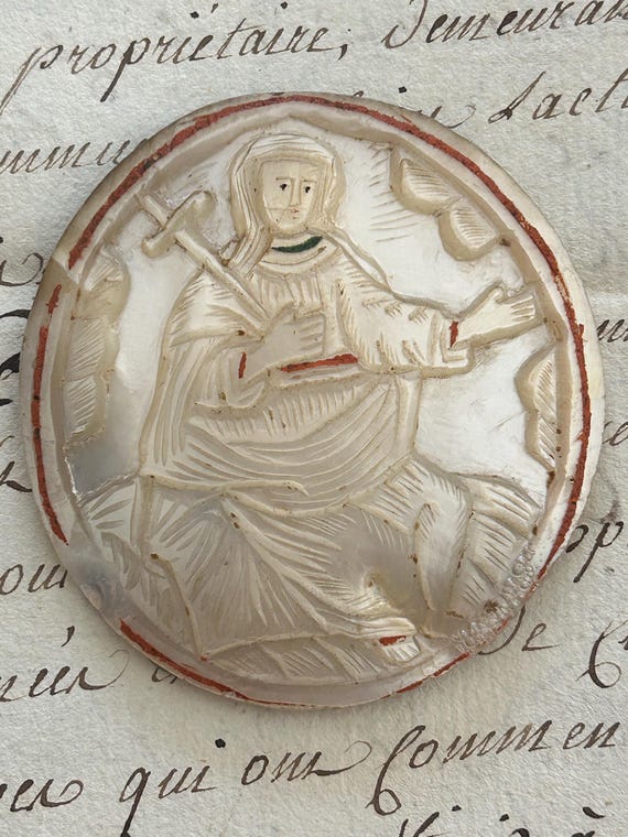Seventeenth Century, Religious, Hand-Carved Mother of Pearl, Polychrome Medallion