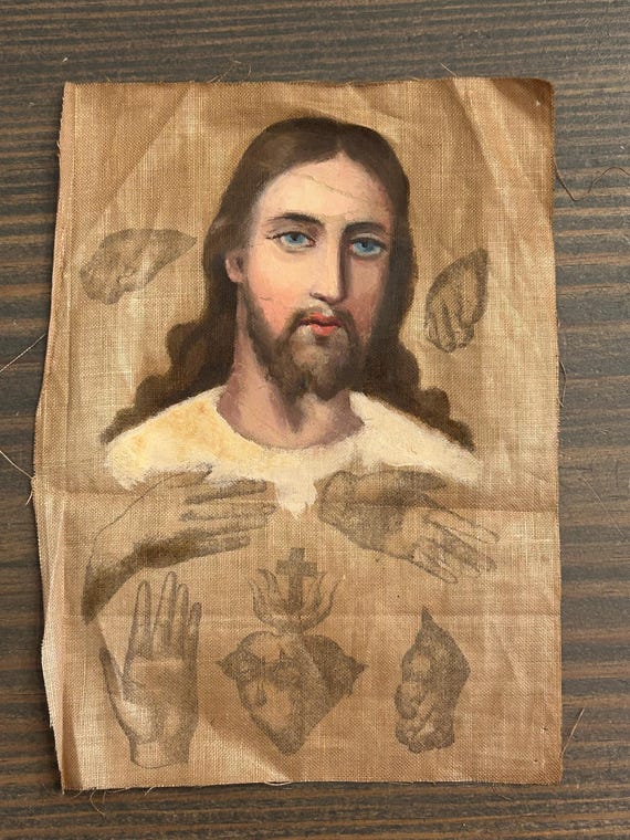 Oil-Painted/Screen-Printed Icon of Christ on Linen, Circa Late 19th Century