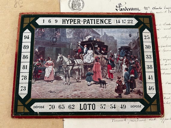 Antique, French, Hyper-Patience Lotto Card, Circa Early 1900s