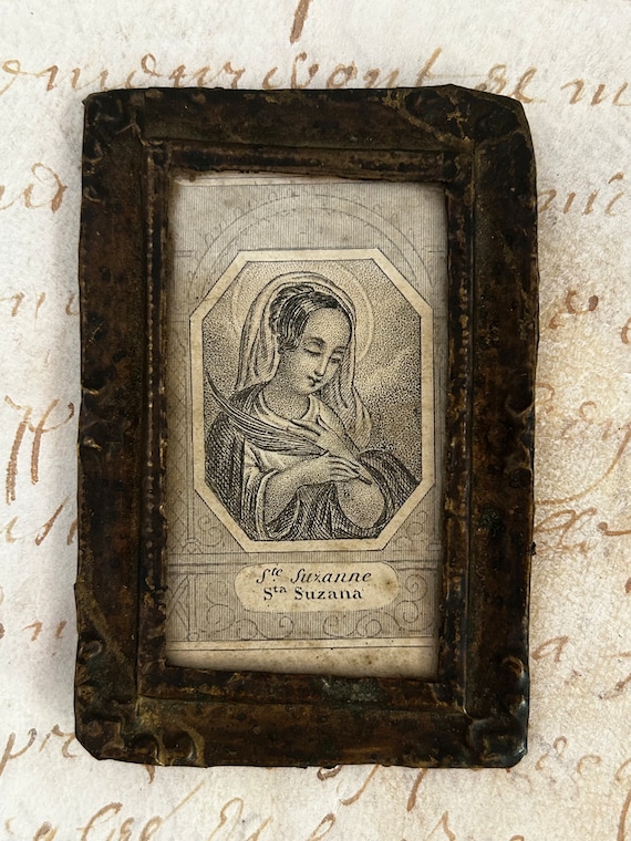 Framed, XVIII Century Holy Card of Sainte Suzanne (Santa Suzana), from France
