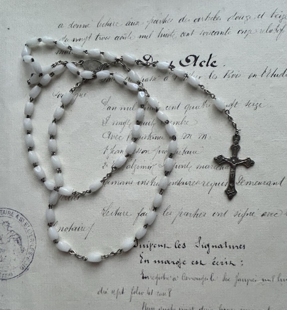 Milk Glass Rosary with Miraculous Medal, from France