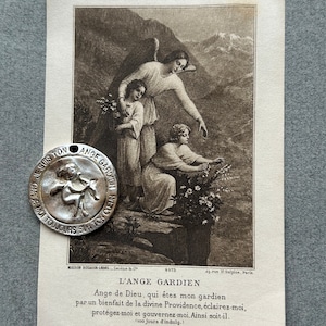 Medalha do Anjo da Guarda Biche de Bere de Paris e Cartão Sagrado do Anjo da Guarda Francês