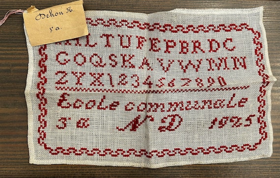 Belgian Pupil's (N.Dehon) Cross Stitch, Linen Sampler from an Ecole Communale (Community School), Dated 1925