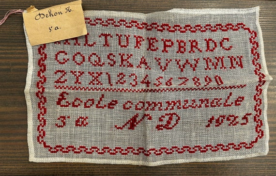 Belgian Pupil's (N.Dehon) Cross Stitch, Linen Sampler from an Ecole Communale (Community School), Dated 1925