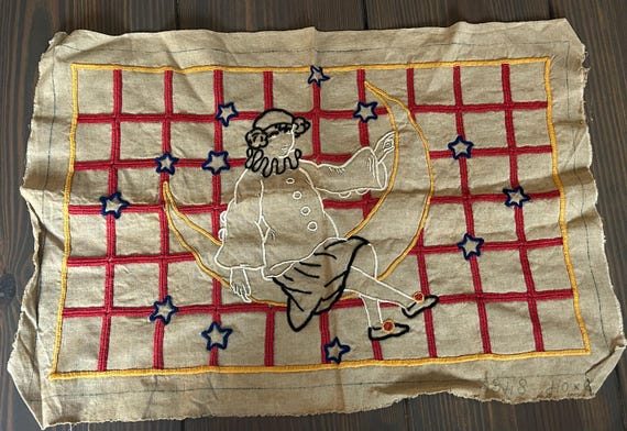 Vintage, Embroidered Fabric Depicting Pierrette and the Moon, from France