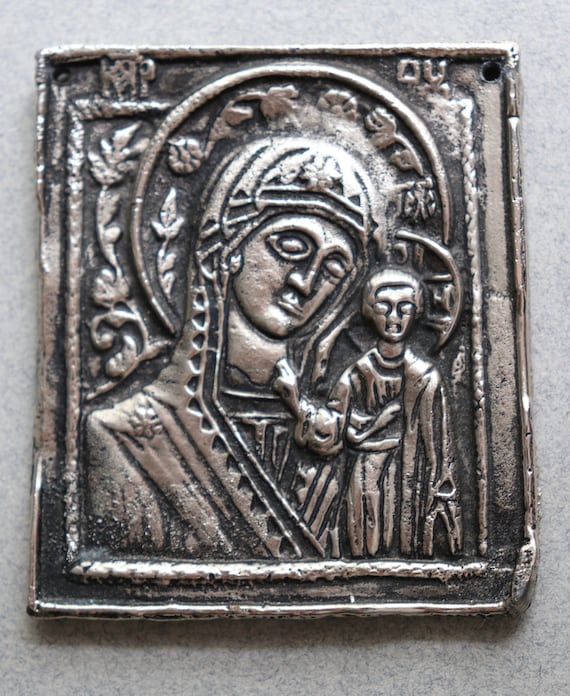 Our Lady of Kazan (Kazanskaya) Russian, Cast Metal Plaque Icon