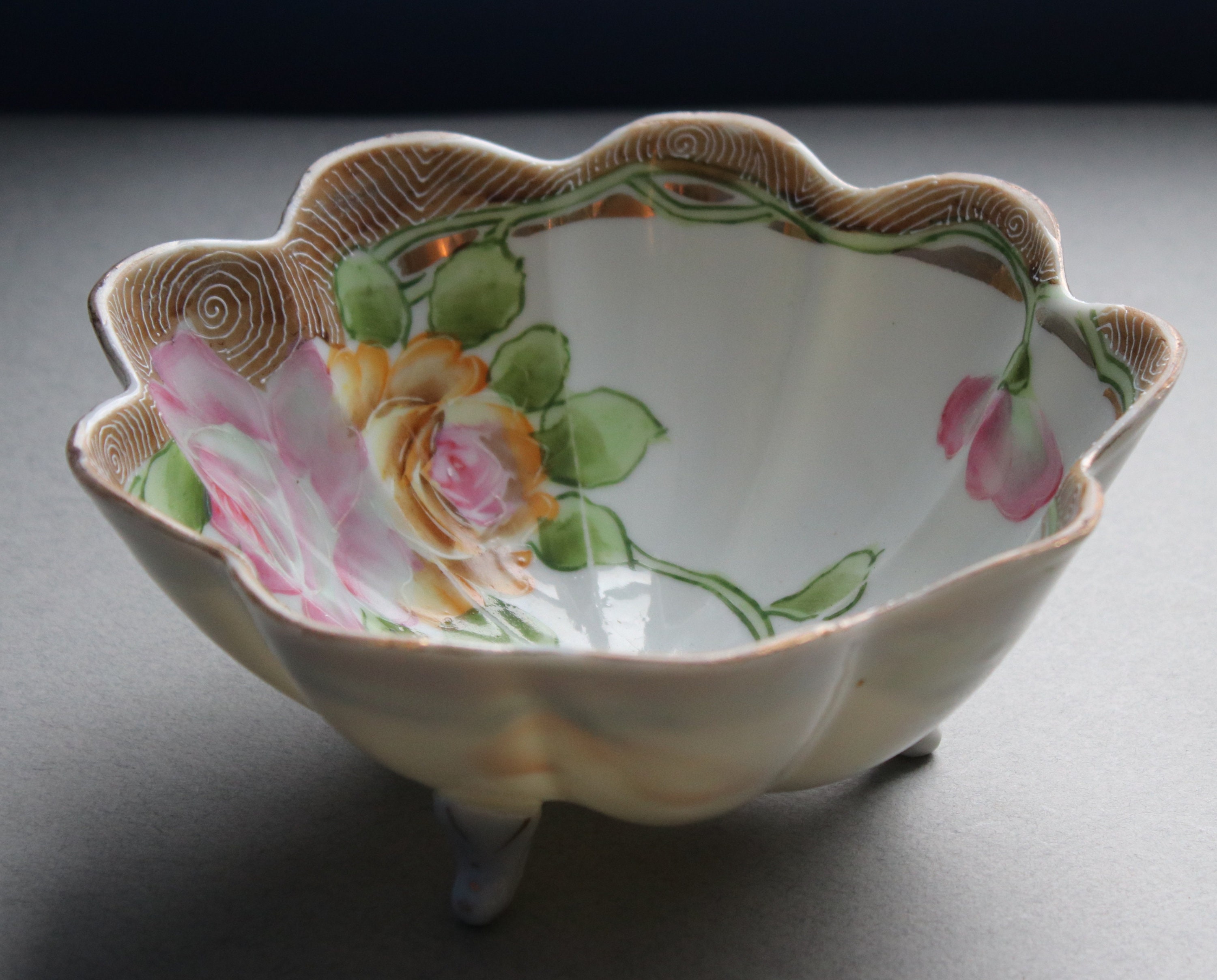 Scalloped, Footed, Floral Porcelain Bowl with Moriage, Marked Japan