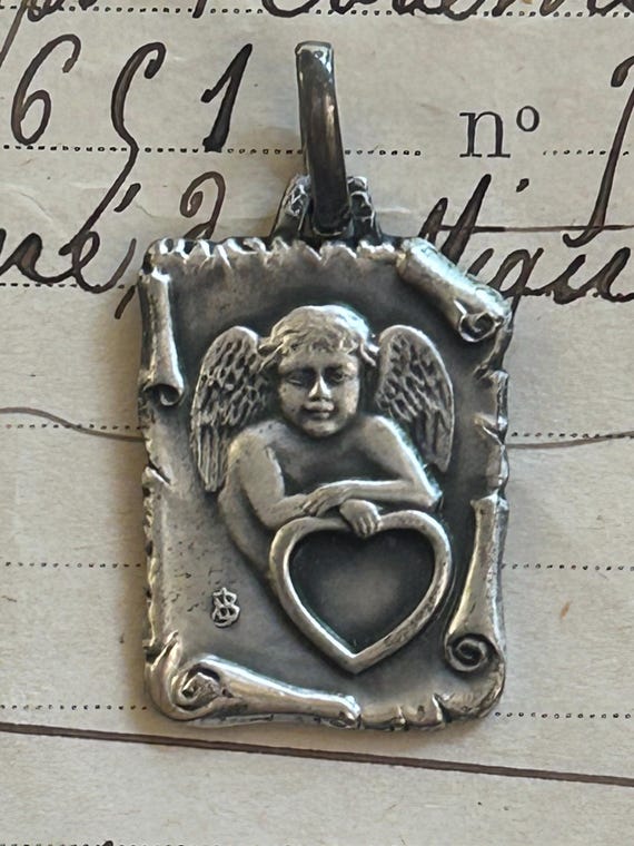 Angel/Our Lady of Lourdes Scroll Pendant, 800 Silver Hallmark, Engraver Jean Balme