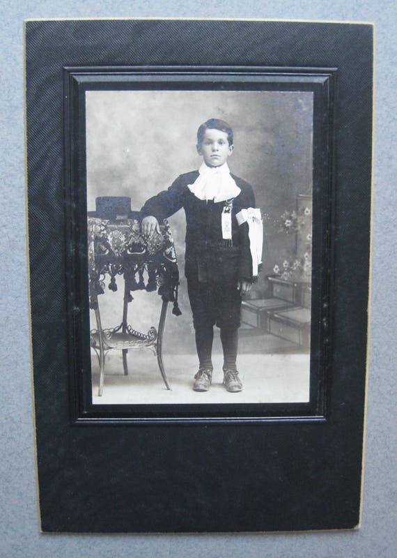 Antique Cabinet Card of Young Boy's Communion Photo, Silver Gelatin Print