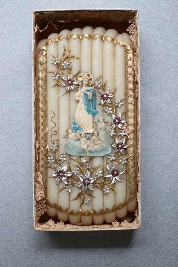 Virgin Mary, Antique, Wax and Silk Offering from Germany