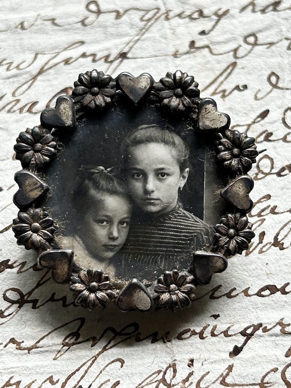 Antique, French Photo Brooch, Circa Early 1900s, with Photo of Two Young Children