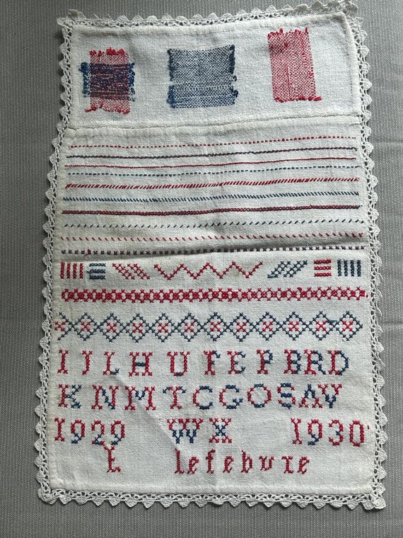 Vintage (1929-1930), Red and Blue Stitch Sampler, from Belgium