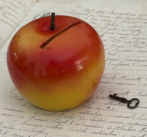 Wooden, Painted, Realistic Apple Bank with Key
