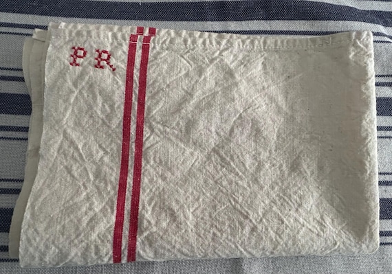 French, Linen, Kitchen Towel with Red Stripes and Embroidered "PR" Monogram