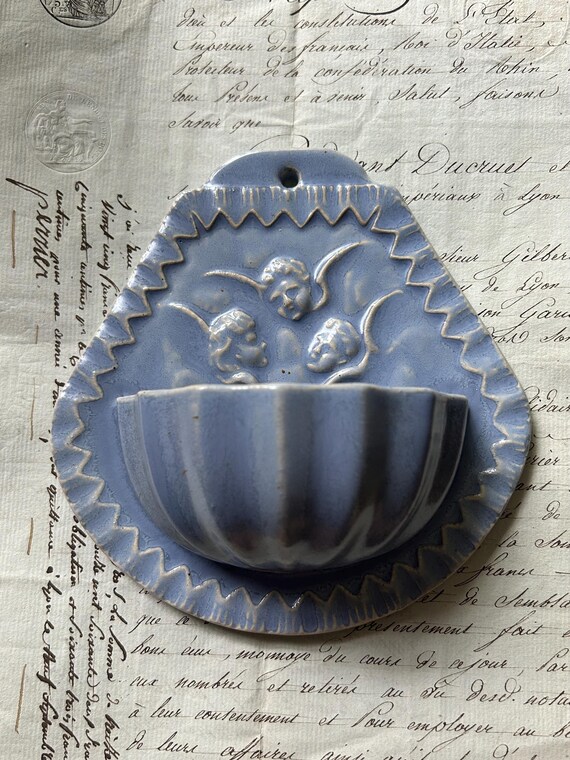 Belgian, Blue Ceramic Holy Water Font/Bénetier with Cherubim Motif