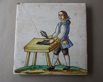 Antique or Vintage Dutch or Spanish Tile Depicting Leatherworker