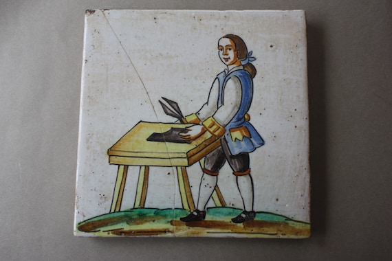 Antique or Vintage Dutch or Spanish Tile Depicting Leatherworker