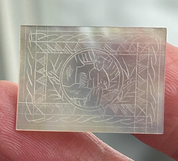 Antique, Chinese, Mother of Pearl, Gaming Token with Asian Motif