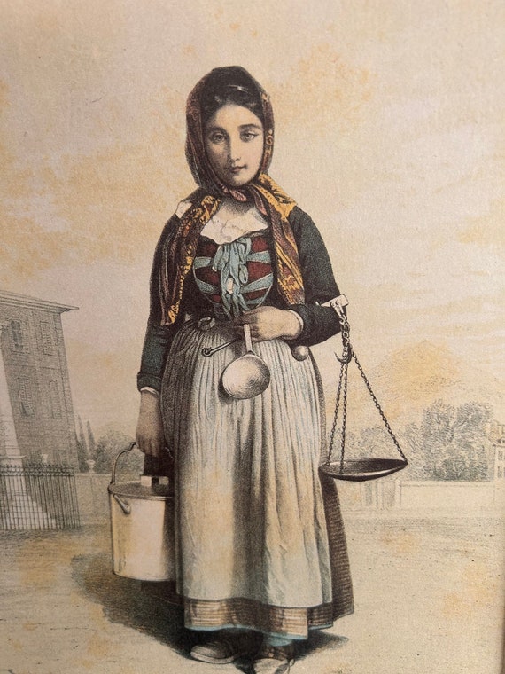 French, Hand-Colored Lithograph by A. de Lattre, Mid-1800s, "Costumes of Nice," "Madame of the Quail Milk of the Roia Valley"