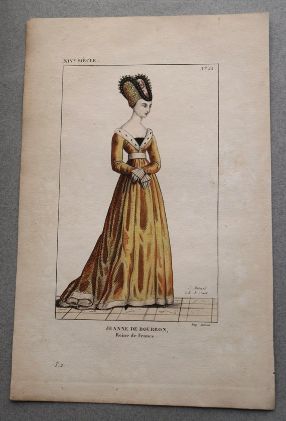 Hand-Colored Engraving of Jeanne de Bourbon by Léopold Massard, from 1834 Publication "Le Costumes Français depuis Clovis"