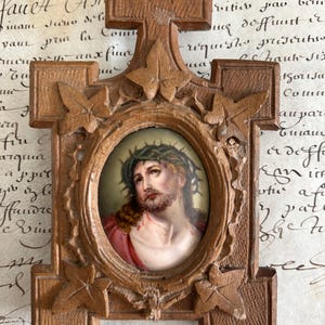 Hand-Painted Portrait of the Passion of Christ in a Black Forest Wood Frame, Circa Late 1800s