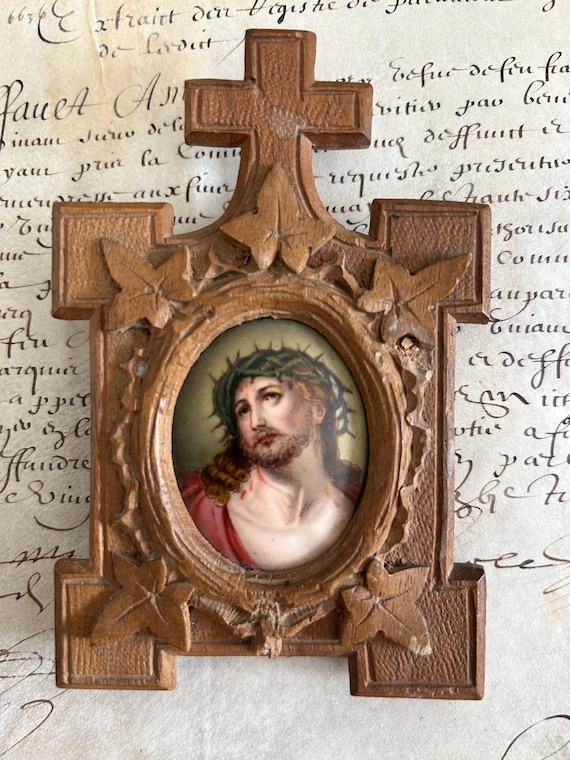Hand-Painted Portrait of the Passion of Christ in a Black Forest Wood Frame, Circa Late 1800s