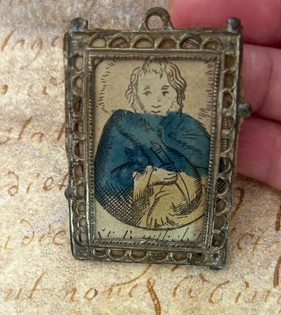 Hand-Colored, Framed, XVIII Century Holy Card of Saint Barthélemy, from France