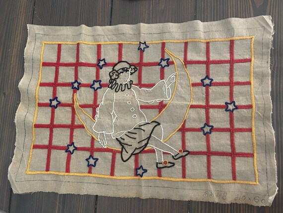 Vintage, Embroidered Fabric Depicting Pierrette and the Moon, from France