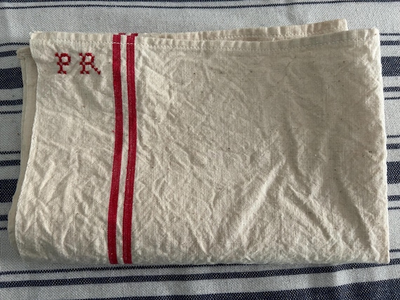French, Linen, Kitchen Towel with Red Stripes and "PR" Monogram