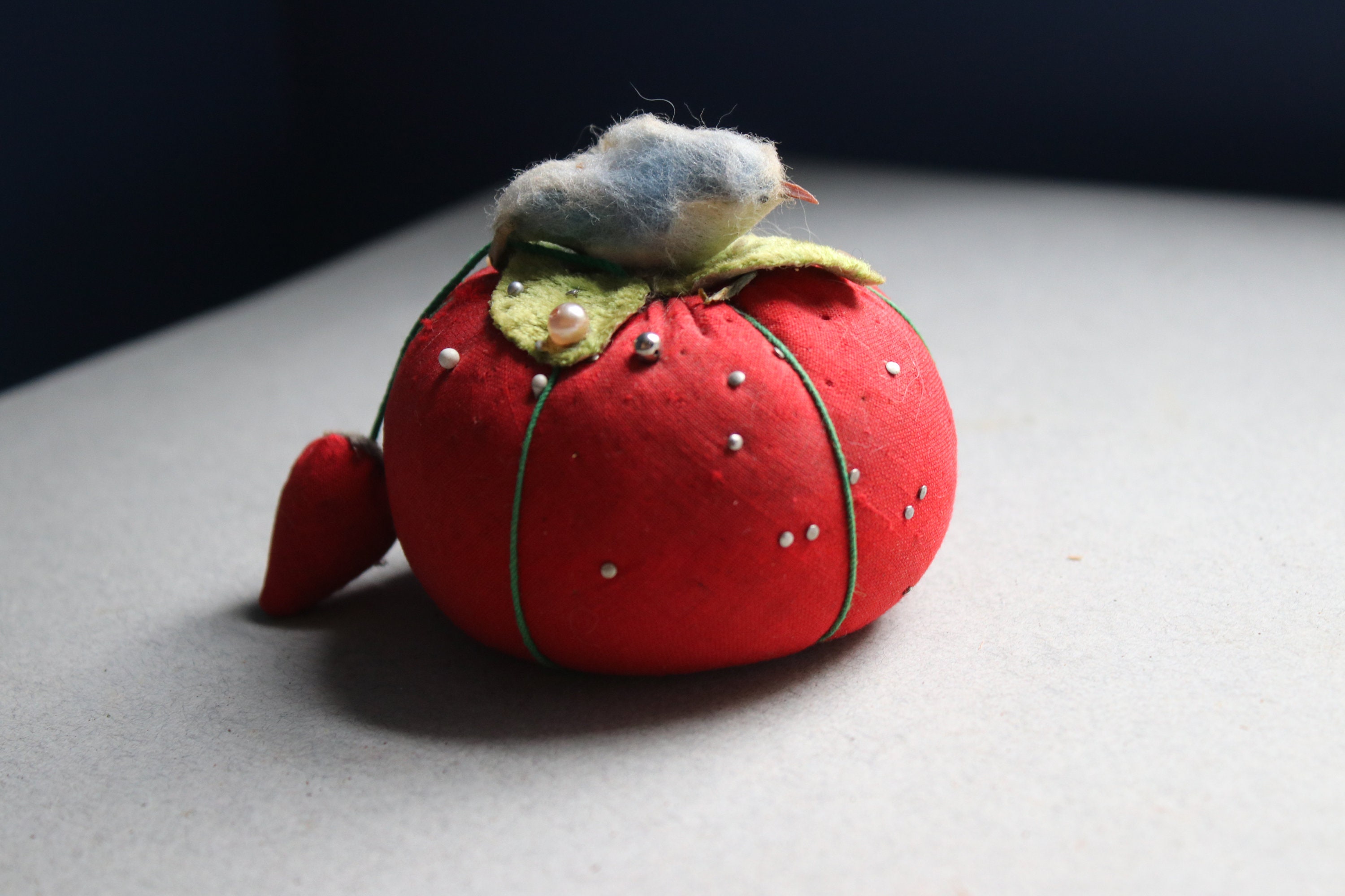 Tomato Pincushion with Spun Cotton Bird and Strawberry Emery