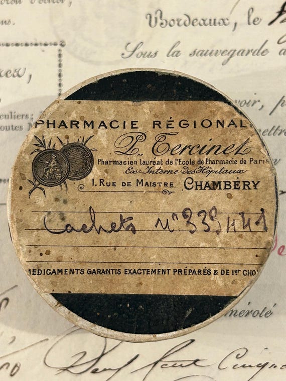 Antique, Cardboard, French Pharmacy Pill Box, Chambéry