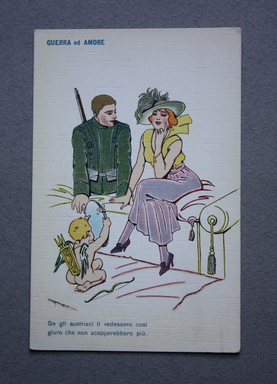 WWI Era Postcard with Soldier, Cupid and Woman