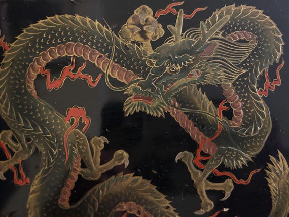 Japanese Black Lacquer Box with Decorative Dragon
