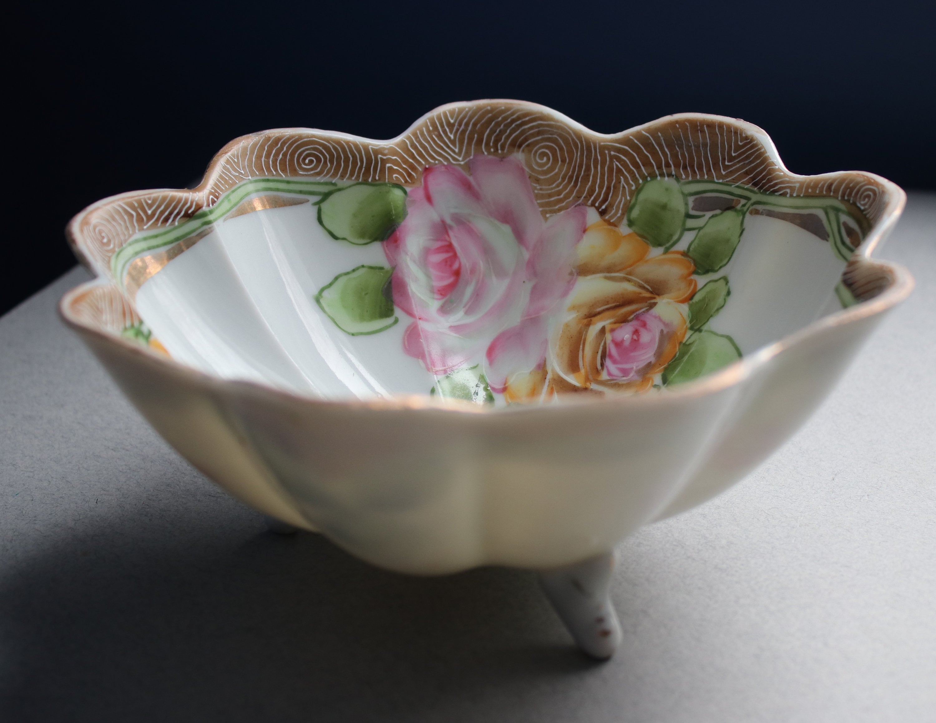 Scalloped, Footed, Floral Porcelain Bowl with Moriage, Marked Japan