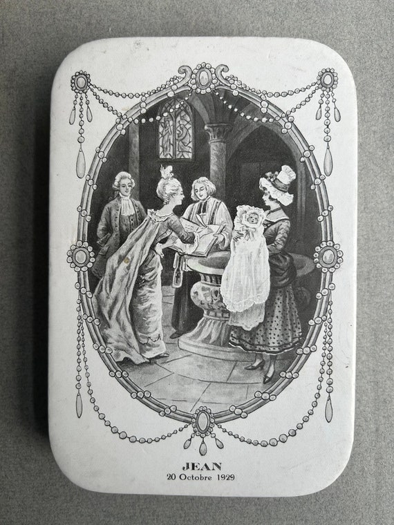 French, Commemorative Baptismal Dragée Box from 10/20/1929