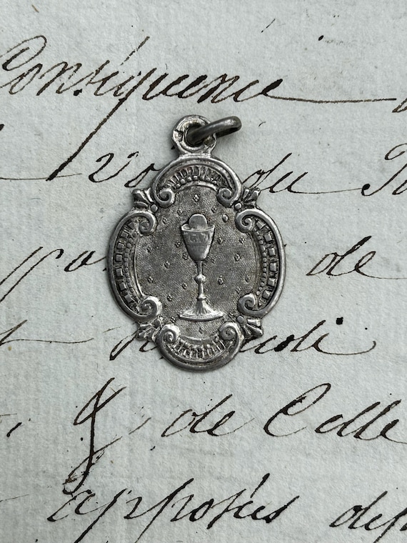 Antique, 800 Silver, French, First Communion Medal with Monogram and Date on Reverse