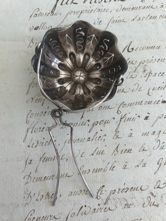 Antique, Silver-plated Tea Strainer by l'Orfèverie d'Ercuis