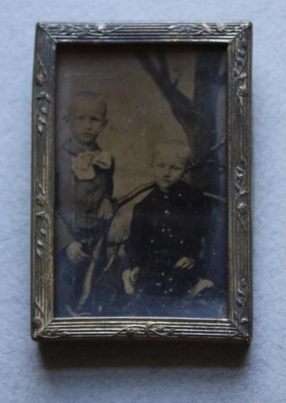 One-Ninth Plate Tintype of Two Brothers, Circa Late 1800s, in Ornate Frame