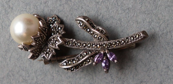 Vintage Murray Chuven Sterling and Marcasite Floral Brooch